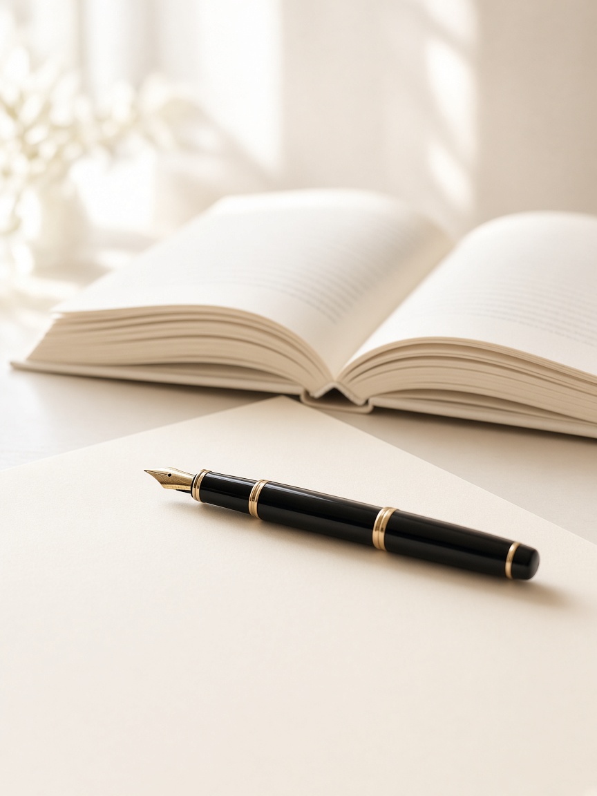 An open revision book and pen on a sunlit desk
